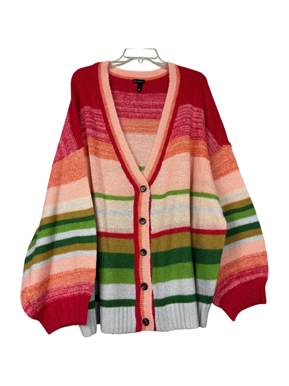Torrid Wool Blend Striped Multicolor Puff Sleeve Cardigan - Picture 2 of 6